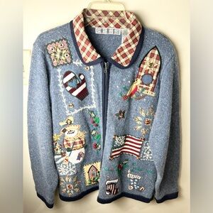 OHI Cardigan Women’s L Blue All Seasons Patches Zip Up Ramie Rabbit Hair Vintage